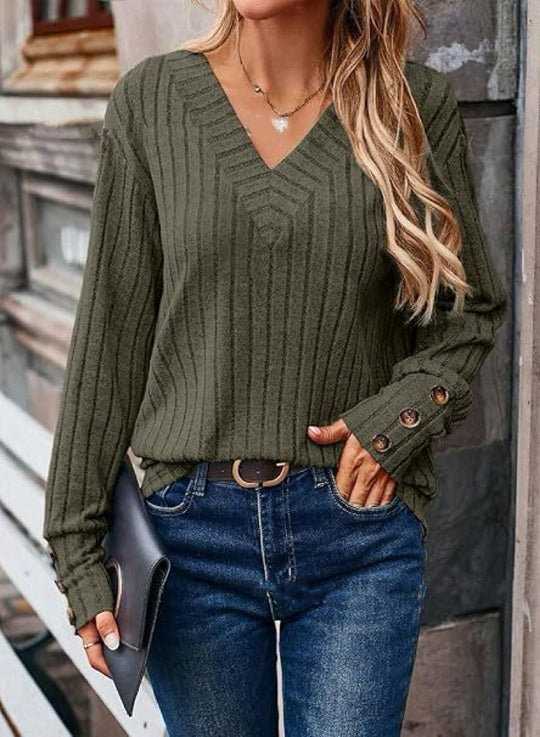 Damen Strickpullover mit V-Ausschnitt und modischer Rippstruktur EB