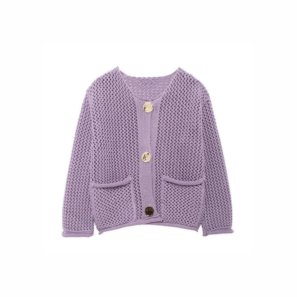 Damen luftige Strickjacke mit durchbrochenem Muster und praktischen Taschen EB