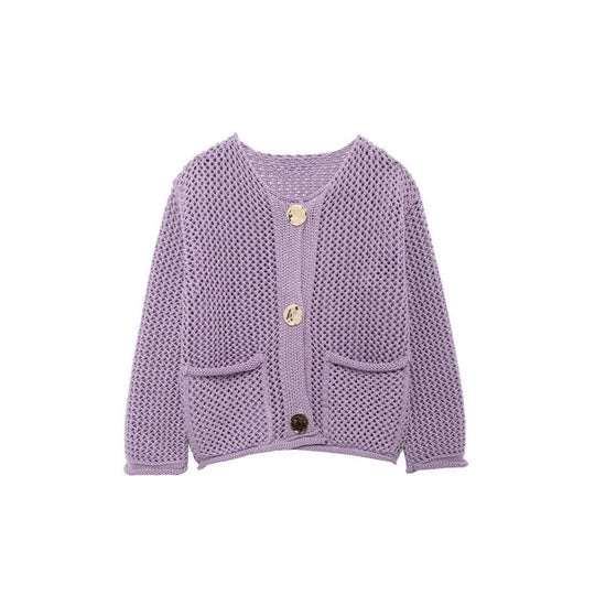 Damen luftige Strickjacke mit durchbrochenem Muster und praktischen Taschen EB