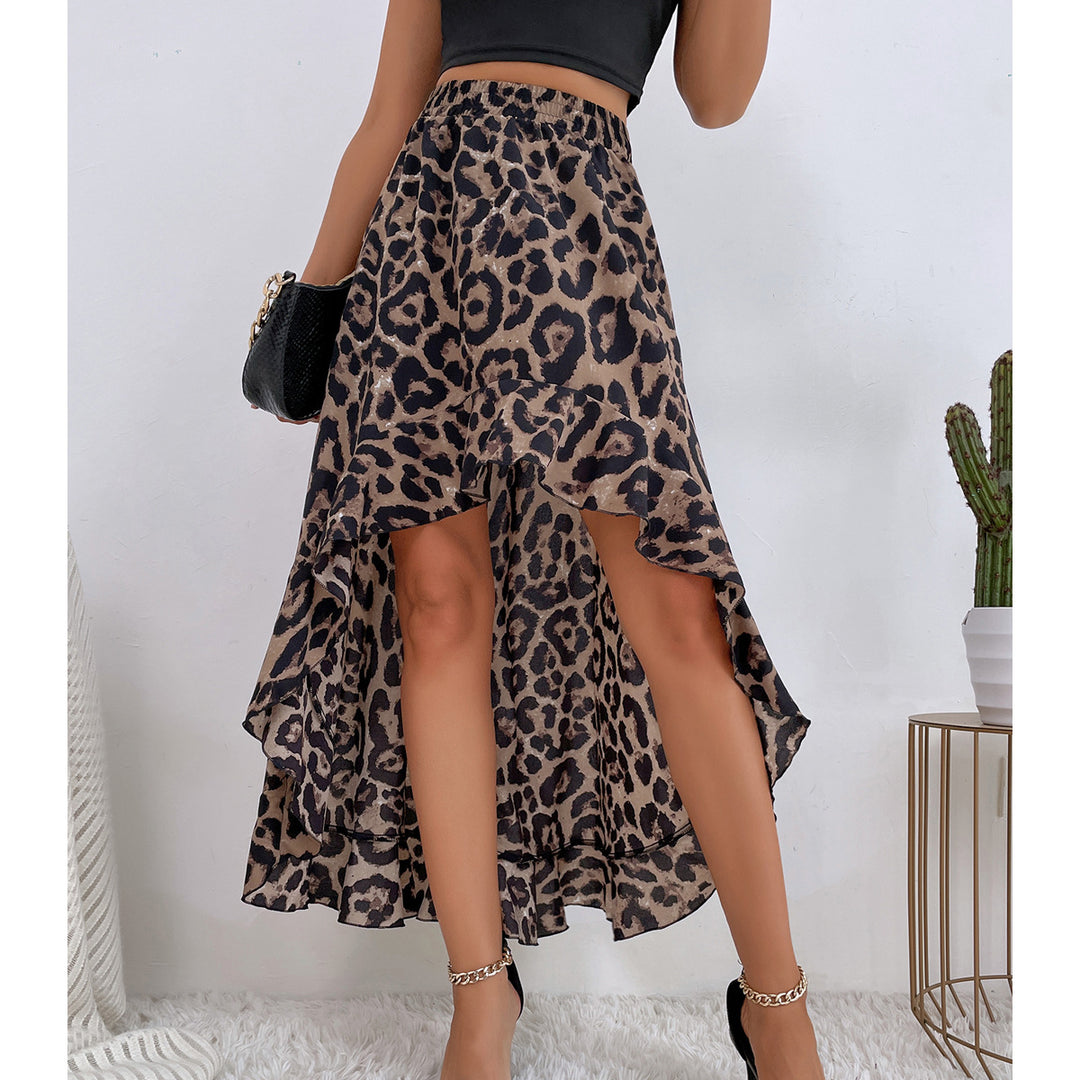 Damen Asymmetrischer Maxi-Rock mit aufregendem Leopardenmuster und Rüschendetails EB