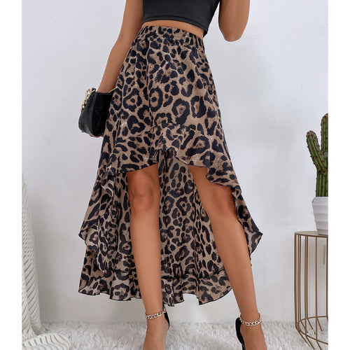 Damen Asymmetrischer Maxi-Rock mit aufregendem Leopardenmuster und Rüschendetails EB