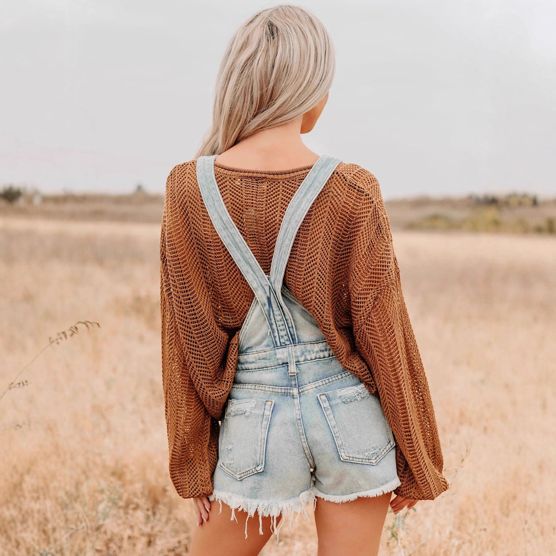 Damen nan oversized gestrickter Pullover mit weitem Boat-Neck, lockerem Mesh-Strick und Ballonärmeln EB
