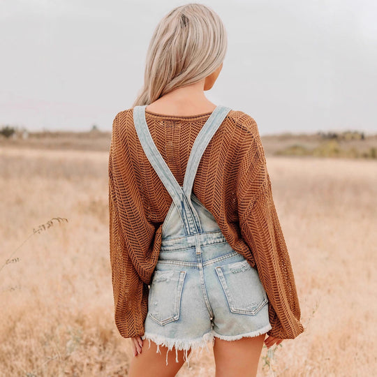 Damen nan oversized gestrickter Pullover mit weitem Boat-Neck, lockerem Mesh-Strick und Ballonärmeln EB
