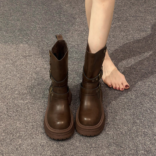 Damen Stiefeletten mit modischen Schnallen und robuster Plateausohle EB