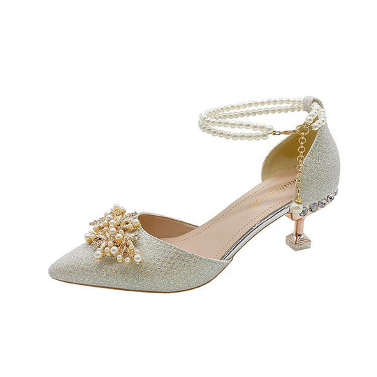 Damen elegante Pumps mit Perlenschmuck und glitzerndem Absatz EB