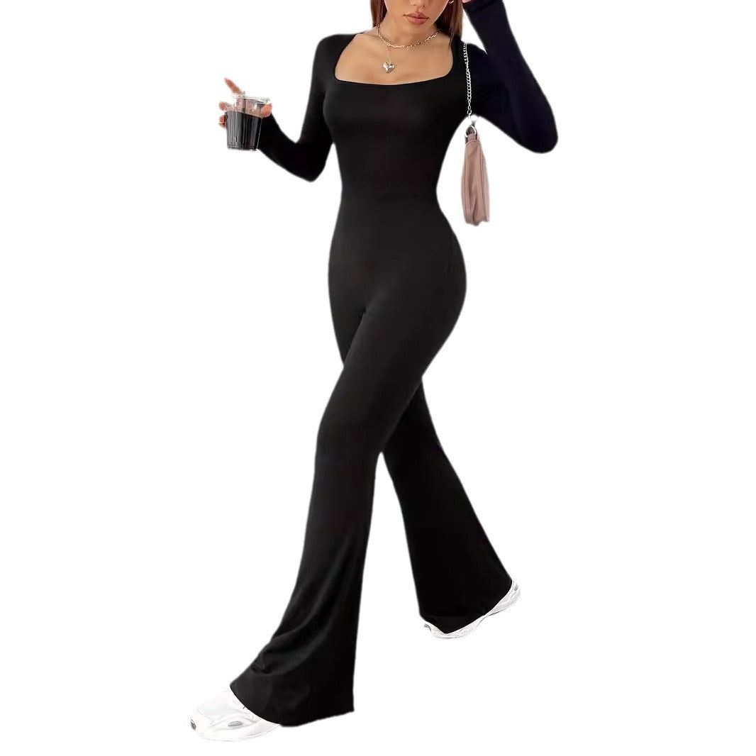 Damen Langarm Jumpsuit mit elegantem Quadrat-Ausschnitt und weitem Bein EB