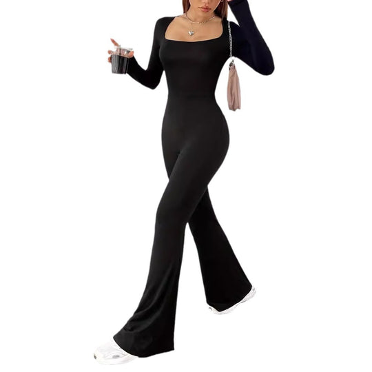 Damen Langarm Jumpsuit mit elegantem Quadrat-Ausschnitt und weitem Bein EB