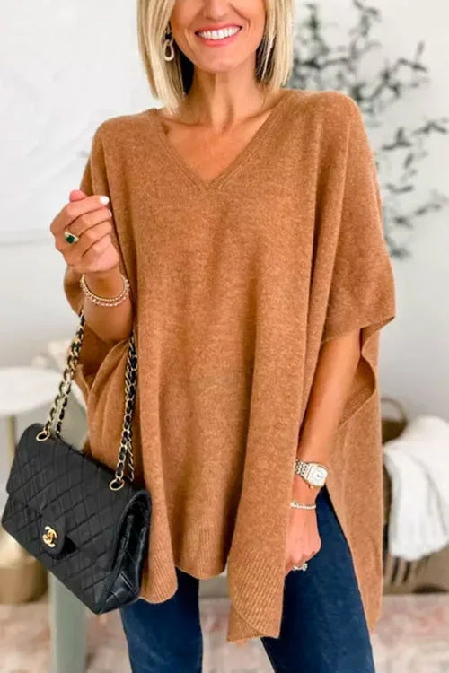 Damen lässiger Strickponcho mit V-Ausschnitt und übergroßem Schnitt EB
