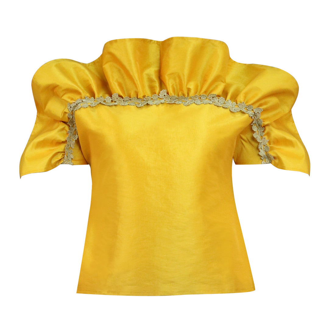 Damen elegantes Blusenshirt mit voluminösen Puffärmeln und dekorativem Spitzenrand EB