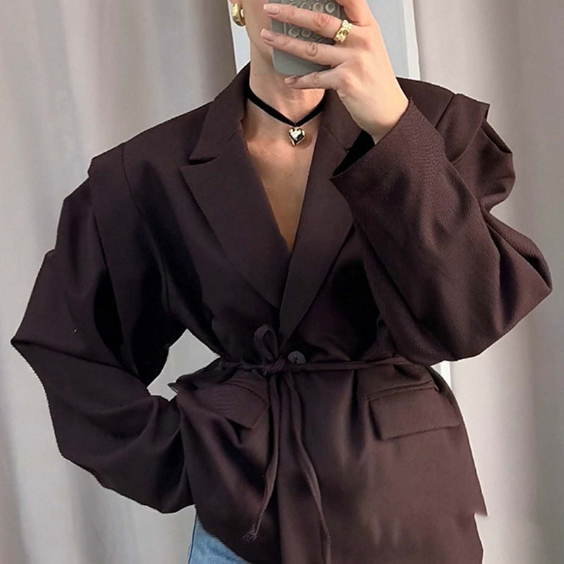 Damen nan taillierter Blumenblazer mit Bindegürtel und Reverskragen EB