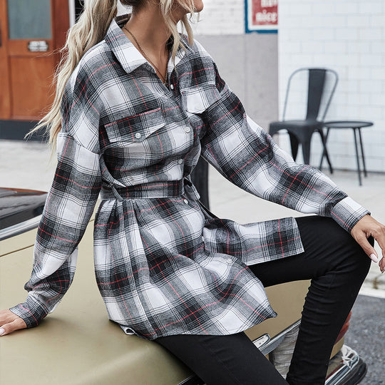 Damen Karo Hemdblusenkleid mit taillierbarem Gürtel und Knopfleiste EB