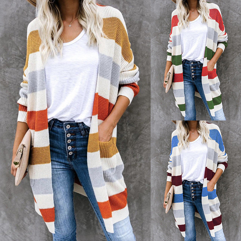 Damen lässige Strickjacke mit modischem Streifenmuster und praktischen Taschen EB