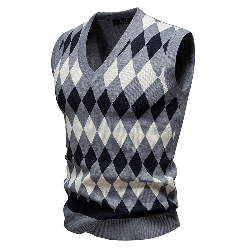 Herren ärmelloser Pullover mit rautenförmigem Muster und modernem V-Ausschnitt EB