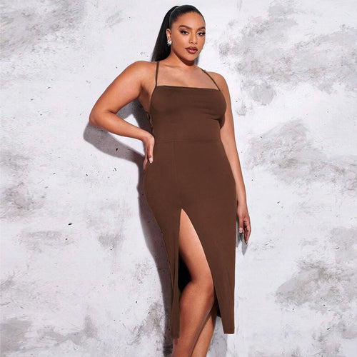 Damen schickes Maxikleid mit Spaghetti-Trägern und seitlichem Schlitz EB