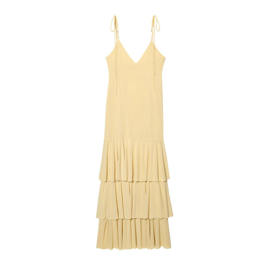 Damen Maxikleid mit voluminösen Rüschendetails und verstellbaren Spaghetti-Trägern EB