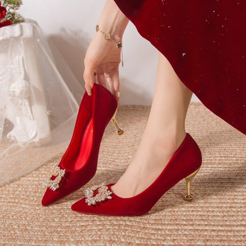 Damen elegante Spitzenpumps mit Kristallverzierung EB