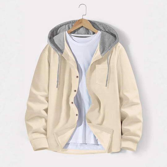 Herren nan leichtes Utility-Hoodie-Überhemd mit Kontrastkapuze, Knopfleiste und Brusttasche EB