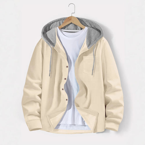 Herren nan leichtes Utility-Hoodie-Überhemd mit Kontrastkapuze, Knopfleiste und Brusttasche EB