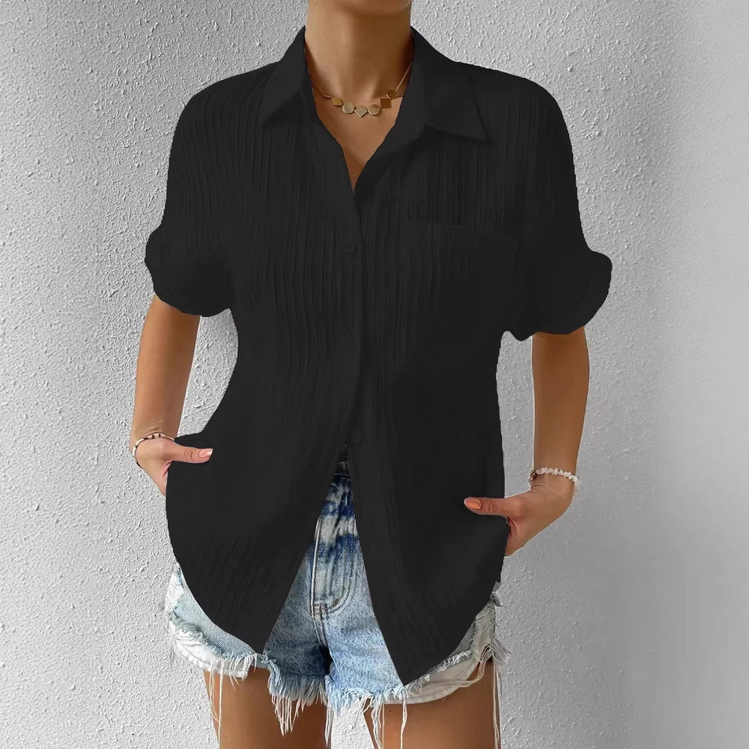 Damen lässige kurzärmlige Bluse mit Struktur und Brusttasche EB