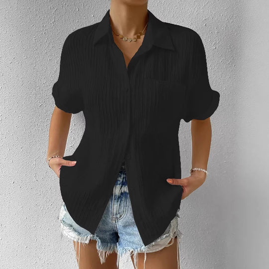 Damen lässige kurzärmlige Bluse mit Struktur und Brusttasche EB