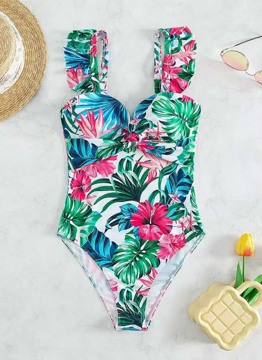 Damen Einteiler Badeanzug mit floralem Design und Rüschen EB