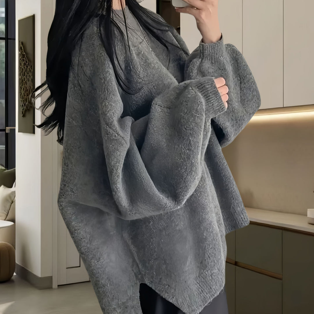 Damen Oversized Strickpullover mit weichem Fleece-Material und modernen Schnittelementen EB