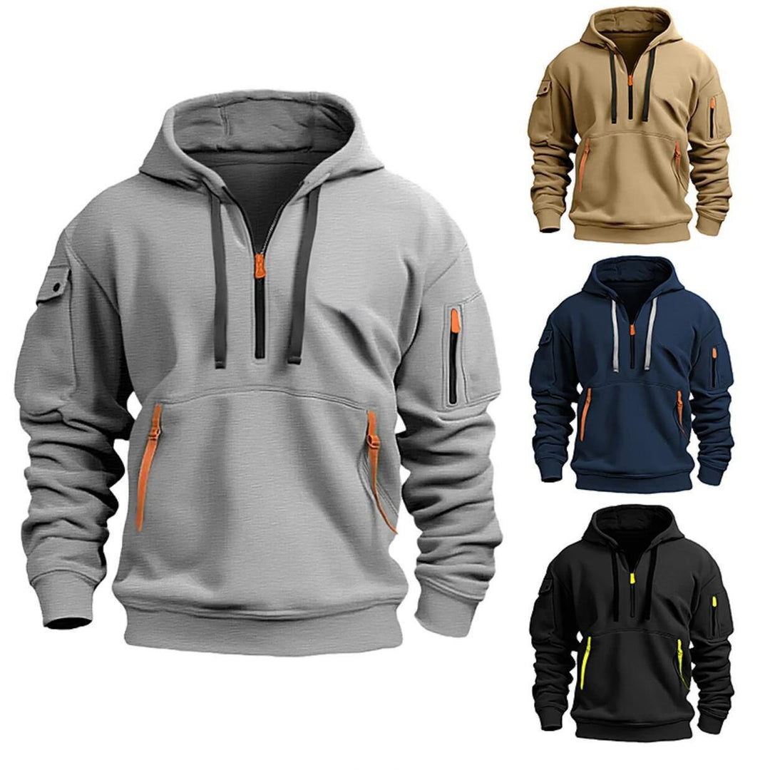 Herren nan funktionaler Kapuzenpullover mit halbem Reißverschluss, verschließbaren Taschen und Ärmel-Tasche EB