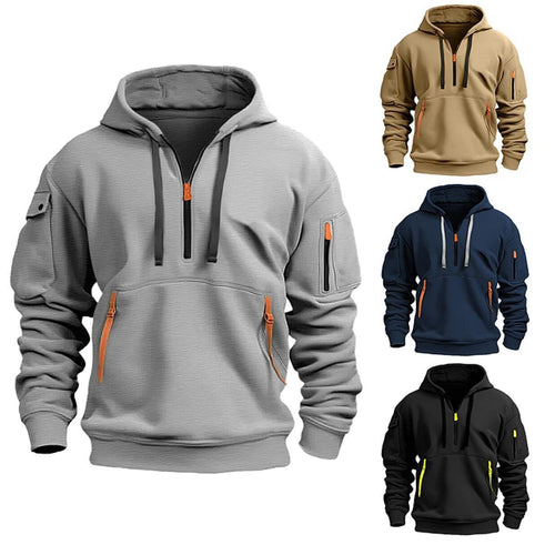Herren nan funktionaler Kapuzenpullover mit halbem Reißverschluss, verschließbaren Taschen und Ärmel-Tasche EB