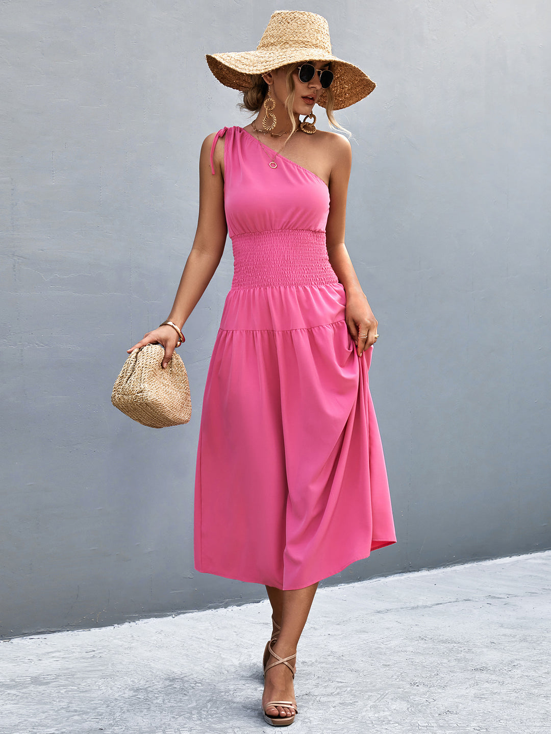 Damen Midikleid mit schnörkellosem Ein-Schulter-Design und elastischem Taillenband EB