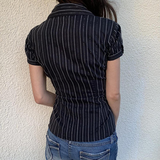 Damen taillierte Kurzarmbluse mit Streifenmuster EB