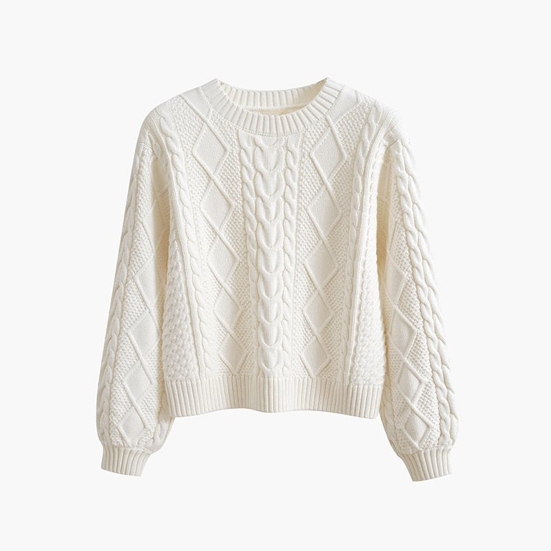 Damen Grobstrickpullover mit kreativem Zopfmuster und weit geschnittenen Ärmeln EB
