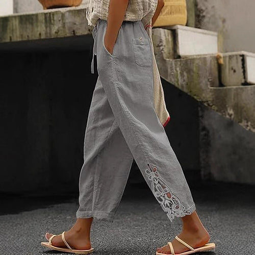 Damen luftige Leinenhose mit dekorativen Stickereien EB