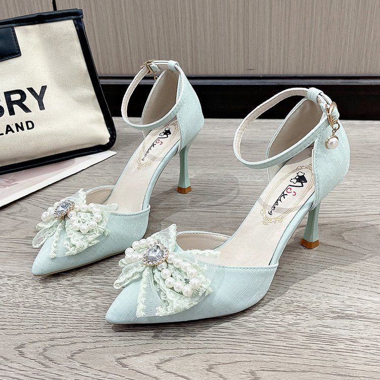 Damen elegante Pumps mit dekorativer Perlen- und Schleifenverzierung EB