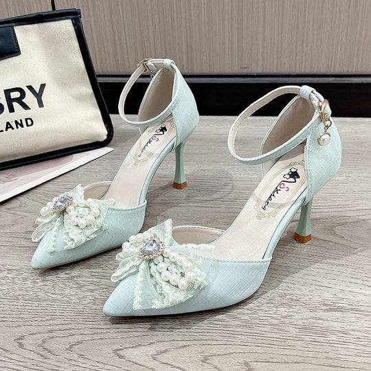 Damen elegante Pumps mit dekorativer Perlen- und Schleifenverzierung EB