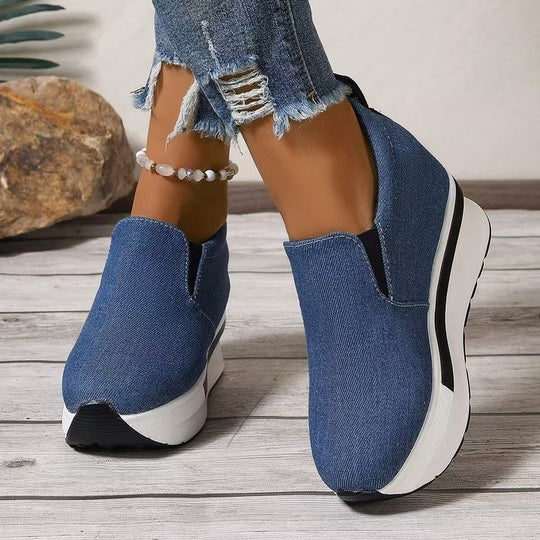 Damen Wedge-Slipper aus hochwertigem Jeansmaterial mit elastischem Einstieg EB