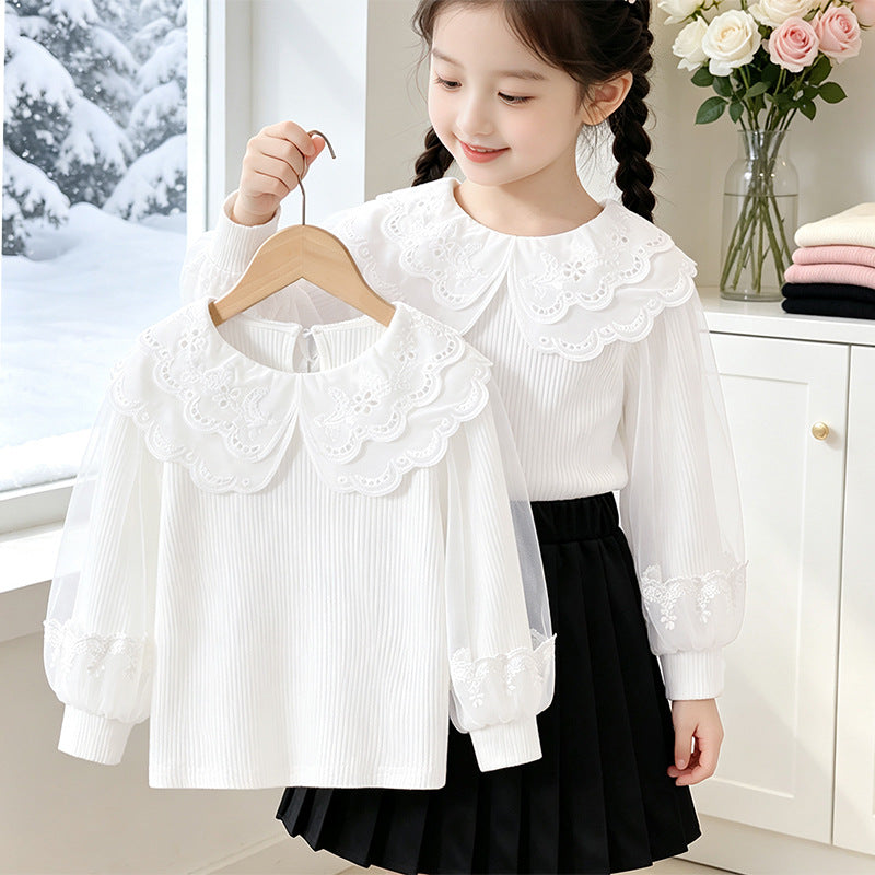 Mädchen Bluse mit Spitzenkragen und transparenten Ärmeln EB