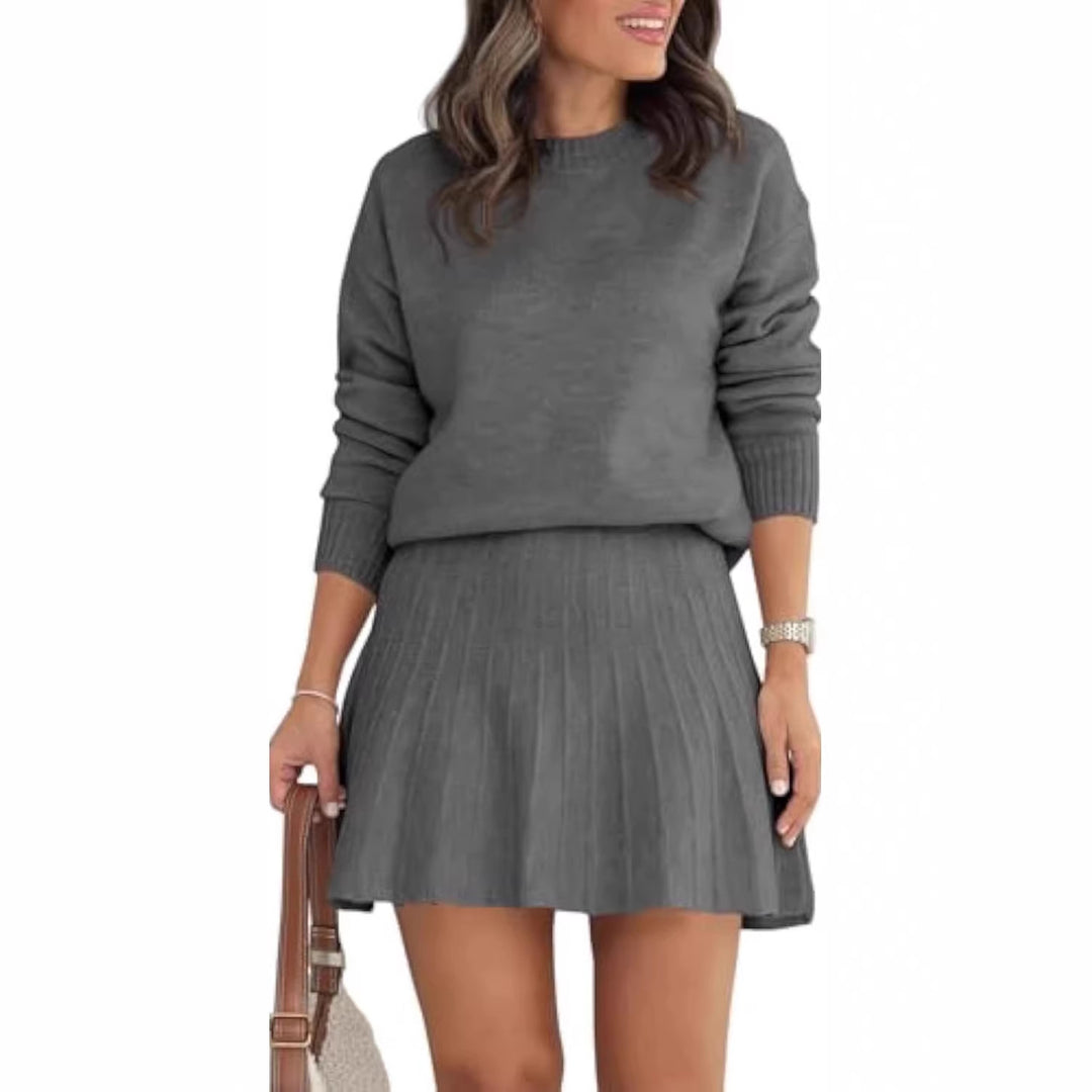 Damen Zweiteiliges Strick-Set mit Rundhals-Pullover und Plissée-Minirock EB