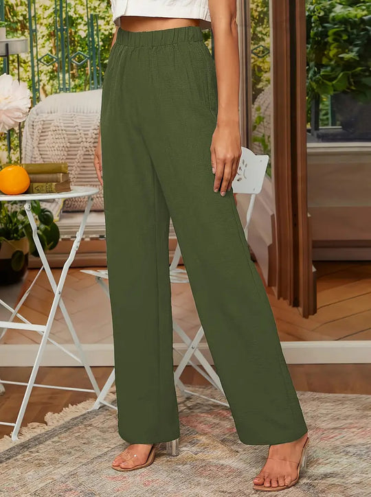 Damen Weite Leinenhose mit elastischem Bund und praktischen Taschen EB