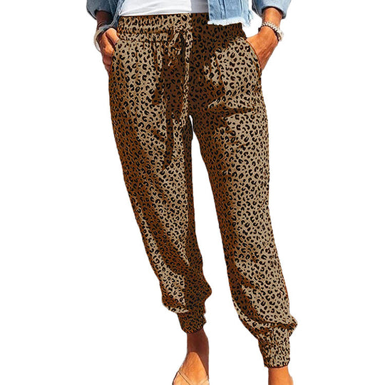 Damen nan lässige Leoparden-Print Jogginghose mit Tunnelzug, Eingrifftaschen und elastischen Bündchen EB