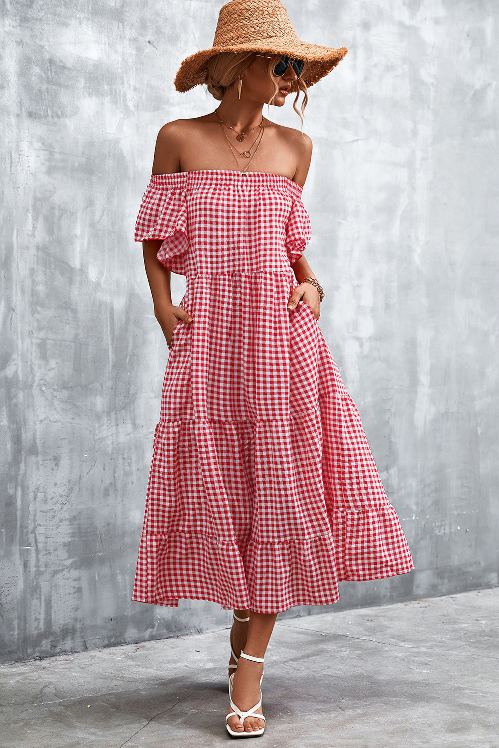 Damen Fließendes Maxikleid mit off-shoulder Design und Rüschensaum EB