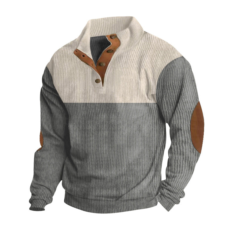 Herren nan strukturiertes Henley-Sweatshirt mit Stehkragen, Knopfleiste und Leder-Ellenbogenpatches EB