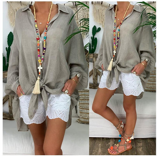 Damen nan leichte Leinen-Tunika mit Knotenfront und Lochspitzen-Shorts EB