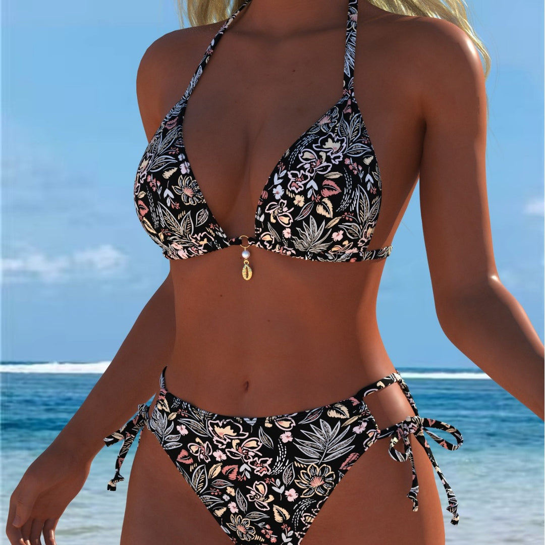 Damen Triangel-Bikini mit verspieltem Floral-Design und verstellbaren Bindebändern EB
