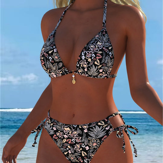 Damen Triangel-Bikini mit verspieltem Floral-Design und verstellbaren Bindebändern EB