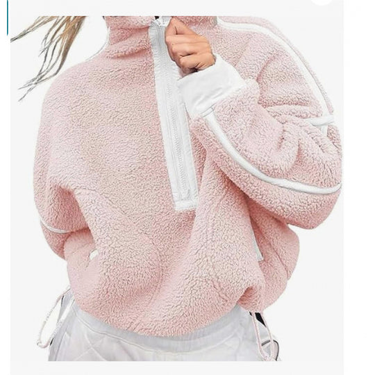Damen Fleecpullover mit halbem Reißverschluss und kontrastierenden Ärmeln EB