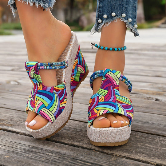 Damen modische Wedge-Sandalen mit buntem Mustermix und bequemer Sohle EB