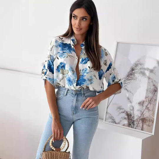 Damen blumige Oversize-Bluse mit kurzen Ärmeln EB