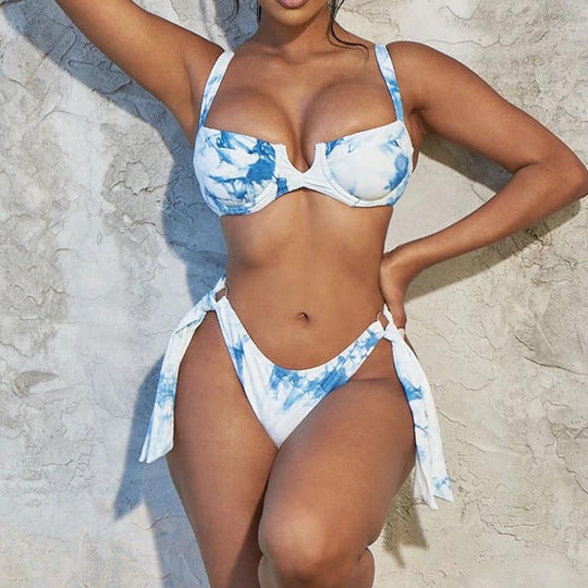 Damen Hochgeschnittener Bikini mit floralem Design und seitlichen Bindedetails EB