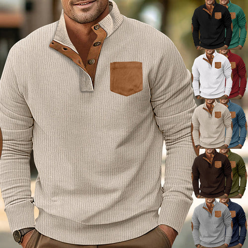 Herren eleganter Strickpullover mit Knopfleiste und kontrastierenden Ellbogenpatches EB