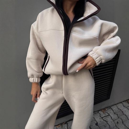 Damen Zweiteiliges Teddyfleece-Lounge-Set mit Stehkragen und weitem Joggerbein EB